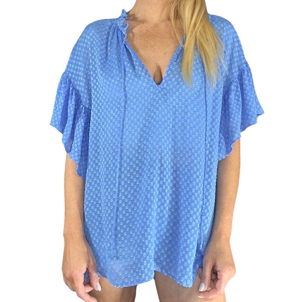 ALICE + OLIVIA Julius Ruffle Peasant Blouse Blue Top Solid Swiss
Dot‎ Ties - Picture 5 of 16